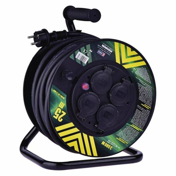 Venkovní prodlužovací kabel na bubnu 25 m / 4 zás. / černý / guma-neopren / 230V / 2,5 mm2