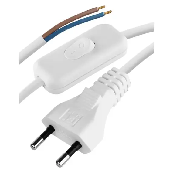 Flexo šňůra PVC s vypínačem, 2P dvoupólová s vidlicí, bílá